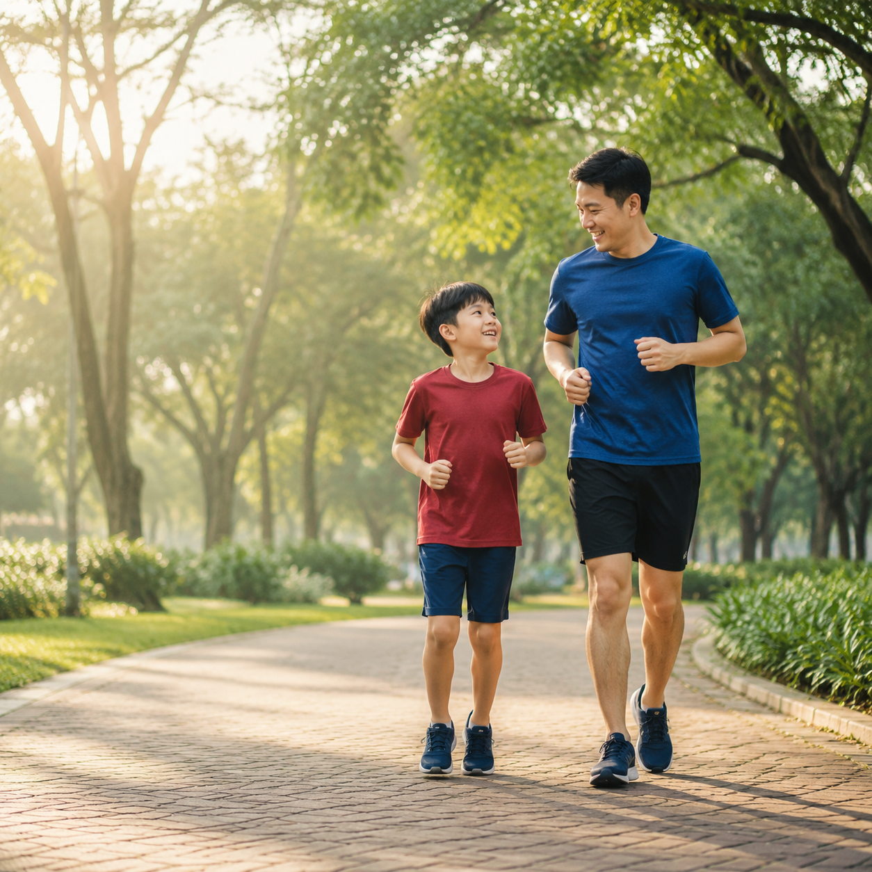 Cha đồng hành vận động cùng con trong công viên
